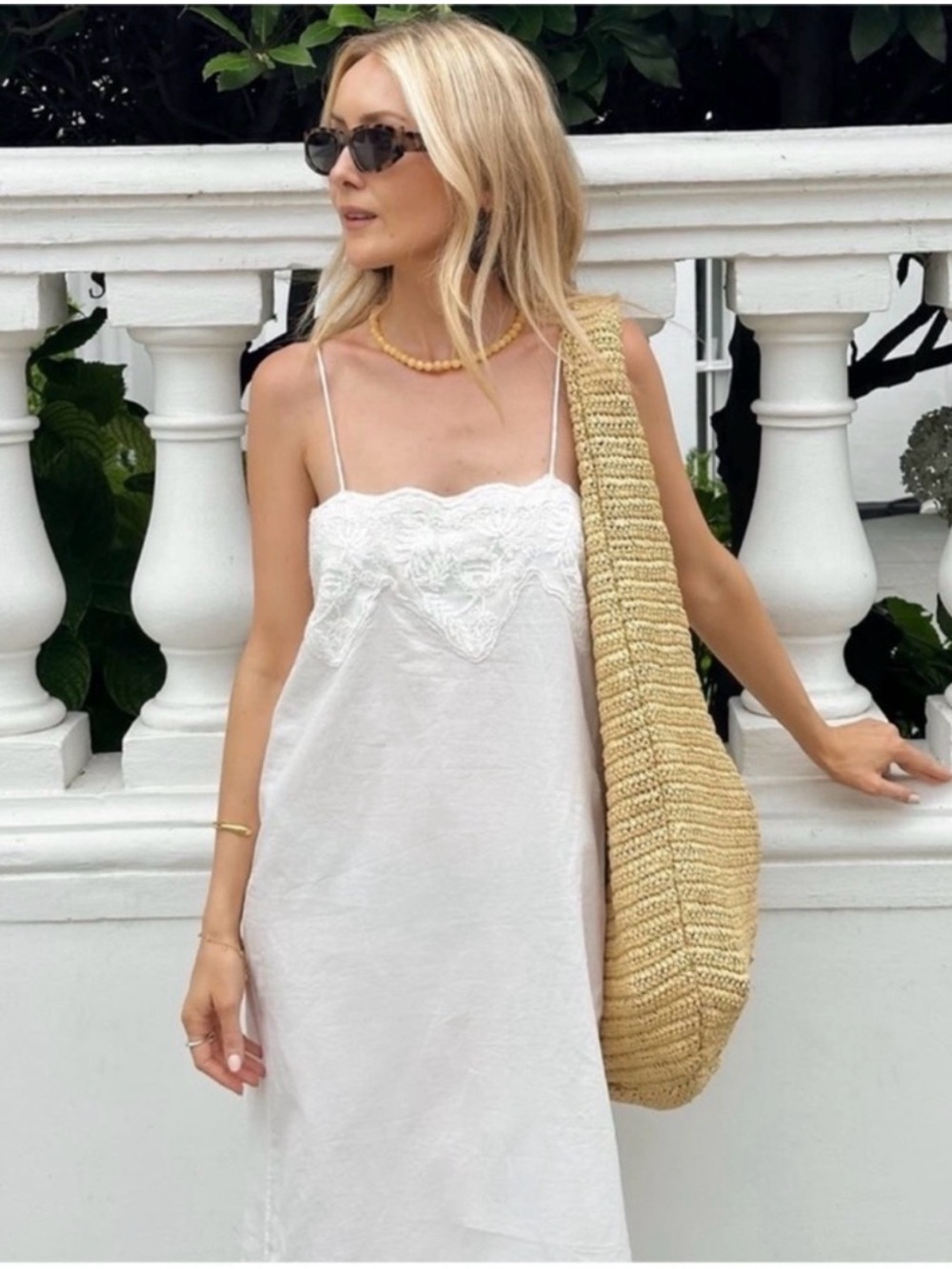 Zara White Midi Slip Dress with Lace Bodice